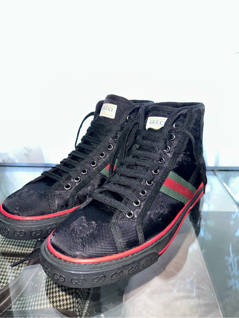 Gucci Black High-Top Sneakers with Red & Green Stripe Accent